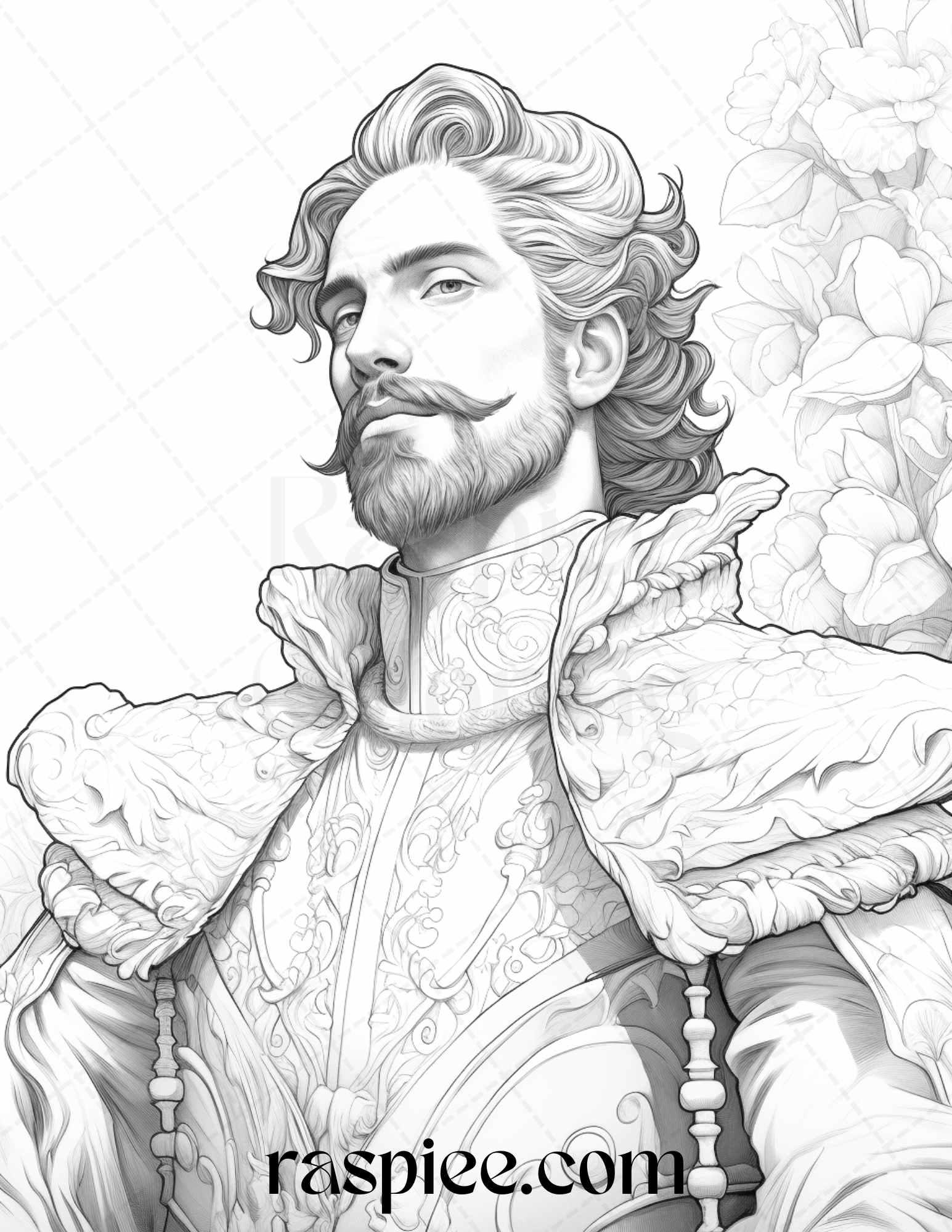 50 Baroque Man Portrait Grayscale Graysale Coloring Pages Printable for Adults, PDF File Instant Download