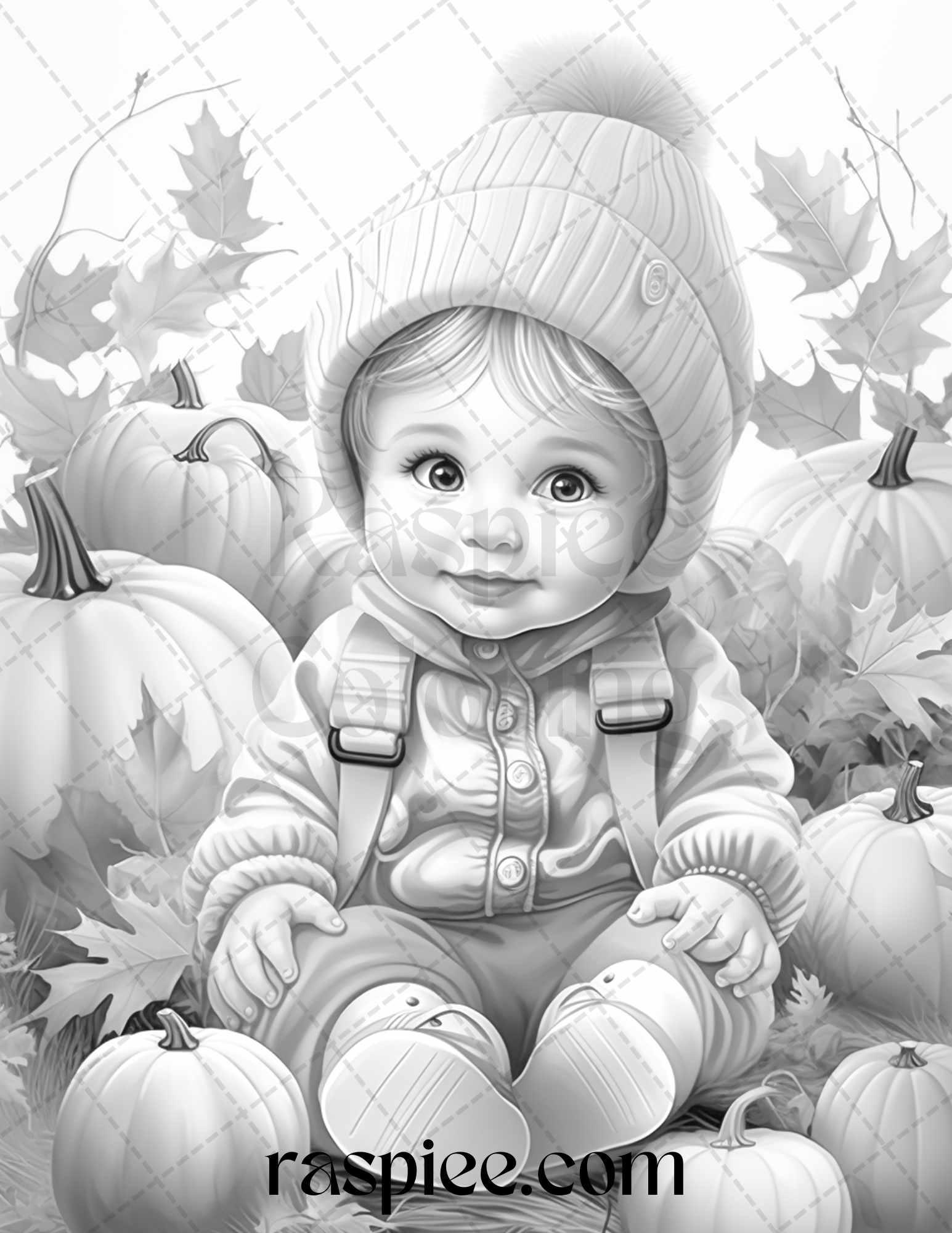 40 Pumpkin Babies Grayscale Coloring Pages for Adults and Kids, Printable PDF File Instant Download