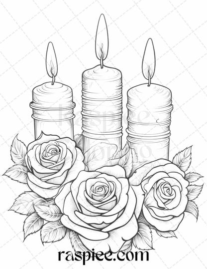 40 Flower Candles Grayscale Coloring Pages Printable for Adults, PDF File Instant Download