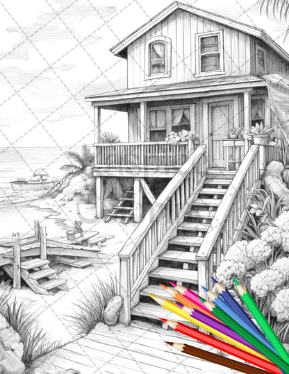 42 Wooden Beach Houses Grayscale Coloring Pages Printable for Adults, PDF File Instant Download