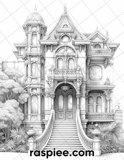 40 Victorian Mansions Grayscale Coloring Pages for Adults, Printable PDF Instant Download