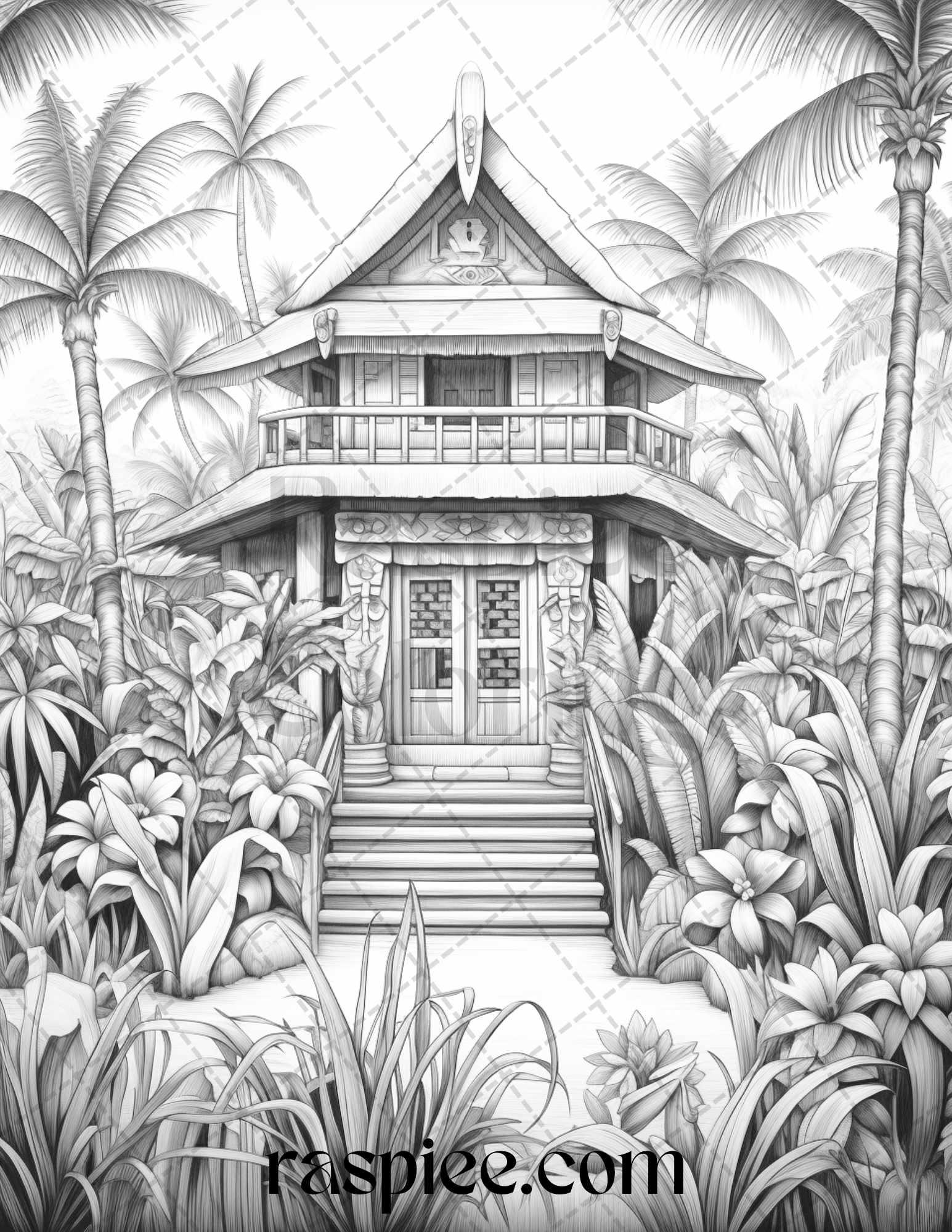 40 Hawaii Tiki Houses Grayscale Coloring Pages Printable for Adults, PDF File Instant Download