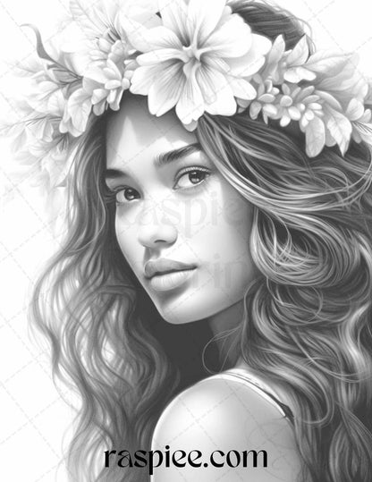 40 Hawaiian Girls Grayscale Coloring Pages Printable for Adults, PDF File Instant Download