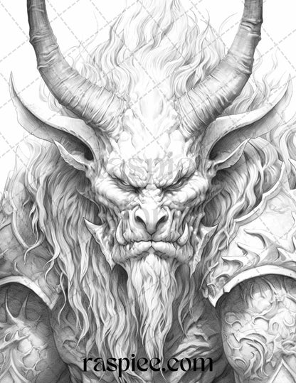 43 Fantasy Demons Grayscale Coloring Pages for Adults, Printable PDF File Instant Download