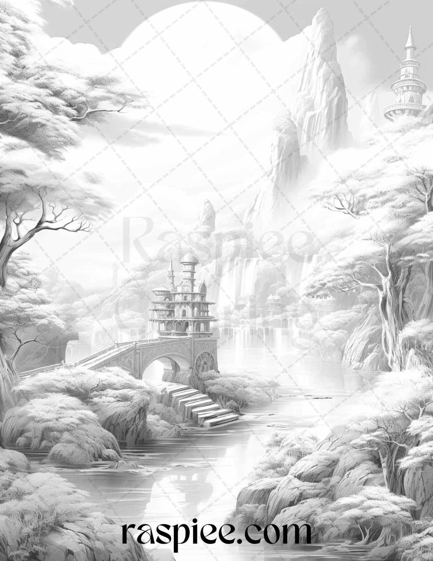 40 Fantasy Landscapes Grayscale Coloring Pages Printable for Adults, PDF File Instant Download