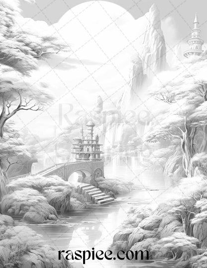 40 Fantasy Landscapes Grayscale Coloring Pages Printable for Adults, PDF File Instant Download