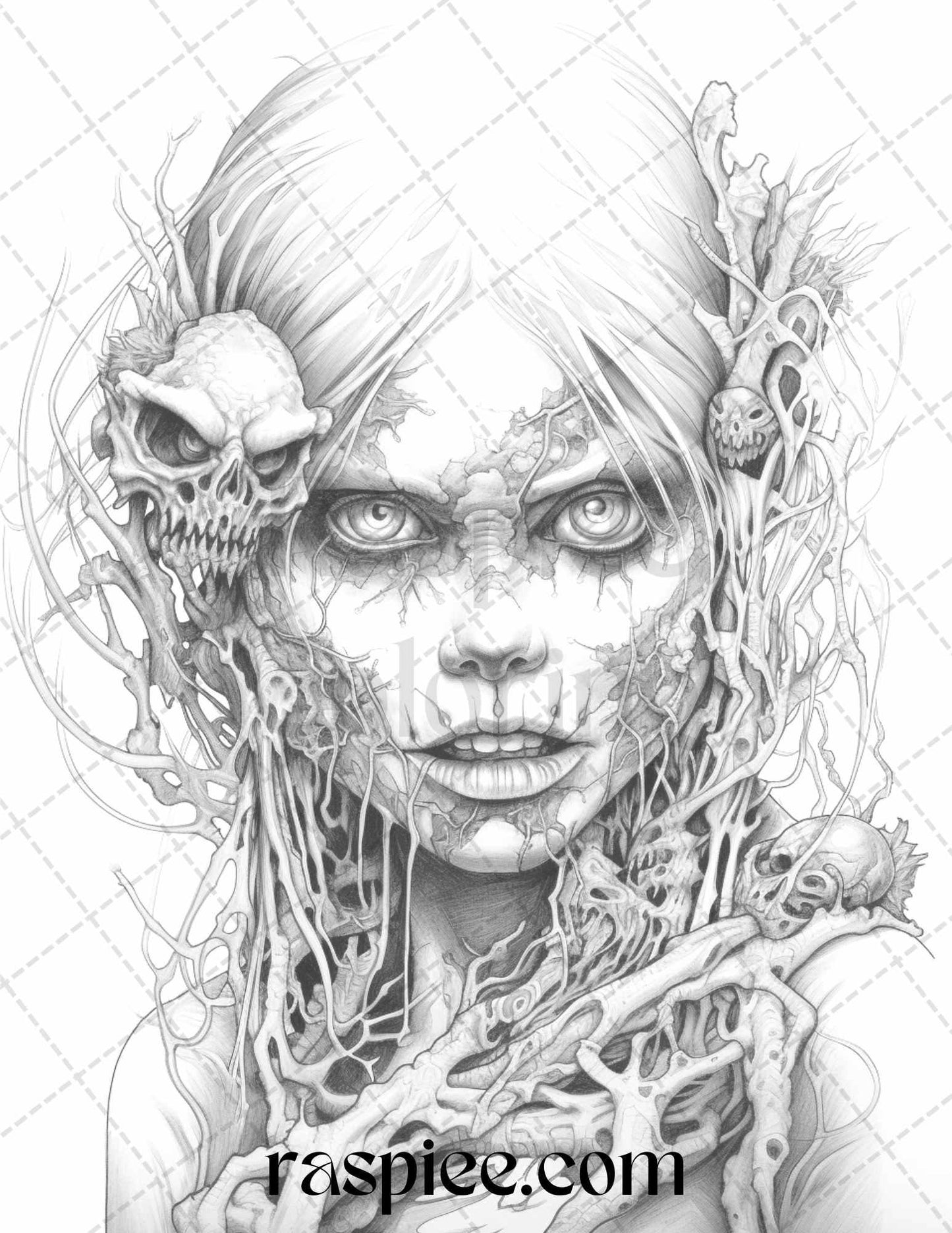 40 Scary Zombie Girls Grayscale Coloring Pages Printable for Adults, PDF File Instant Download