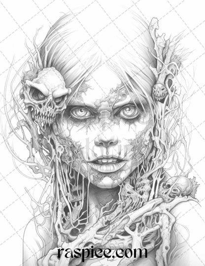 40 Scary Zombie Girls Grayscale Coloring Pages Printable for Adults, PDF File Instant Download