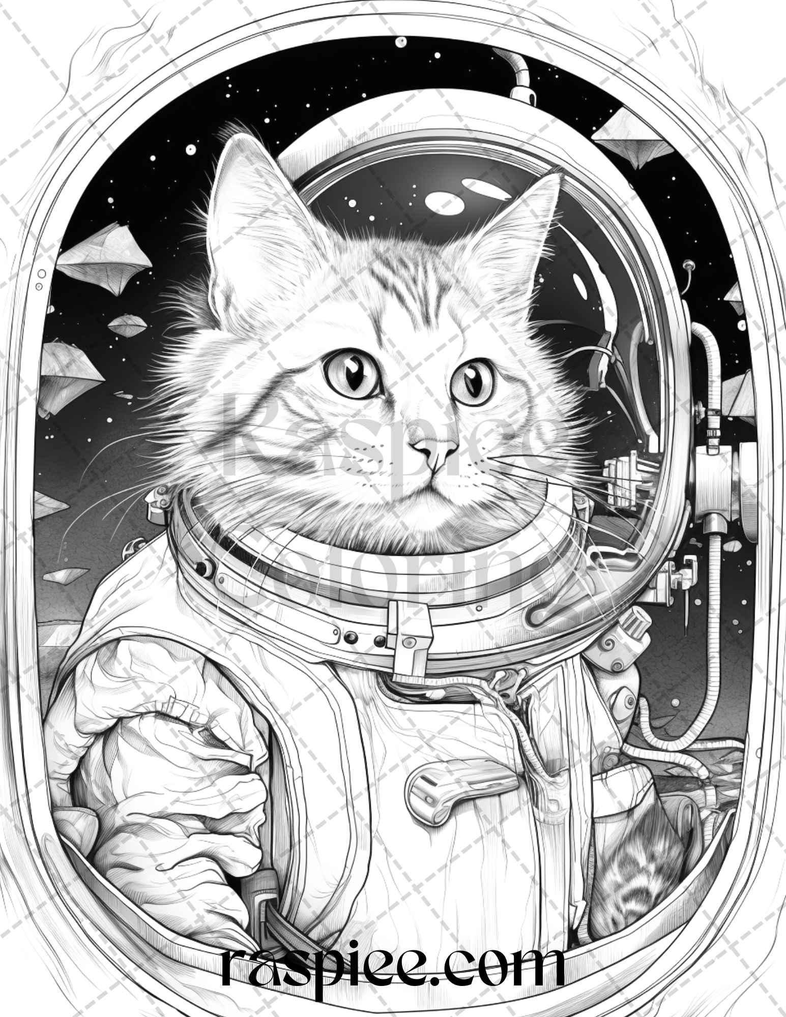 40 Cat Astronaut Grayscale Coloring Pages Printable for Adults Kids, PDF File Instant Download