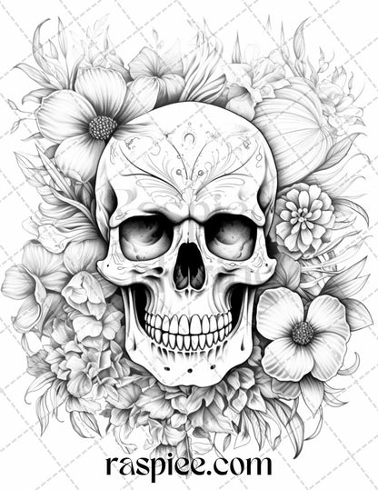 42 Floral Skull Grayscale Coloring Pages for Adults, Stress Relief Coloring Sheets, Printable PDF File Instant Download