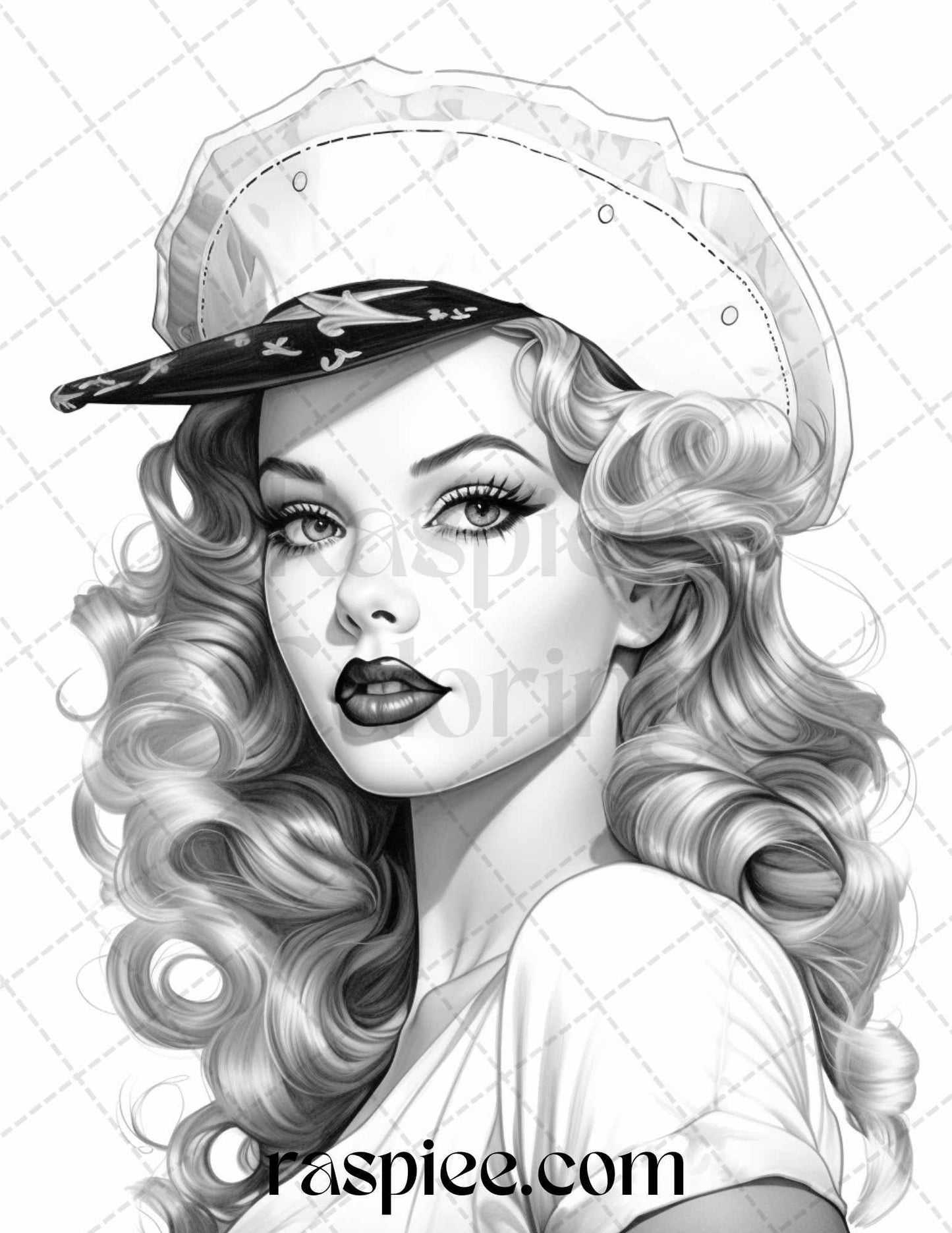 40 Sailor Pin Up Girls Grayscale Coloring Pages Printable for Adults, PDF File Instant Download