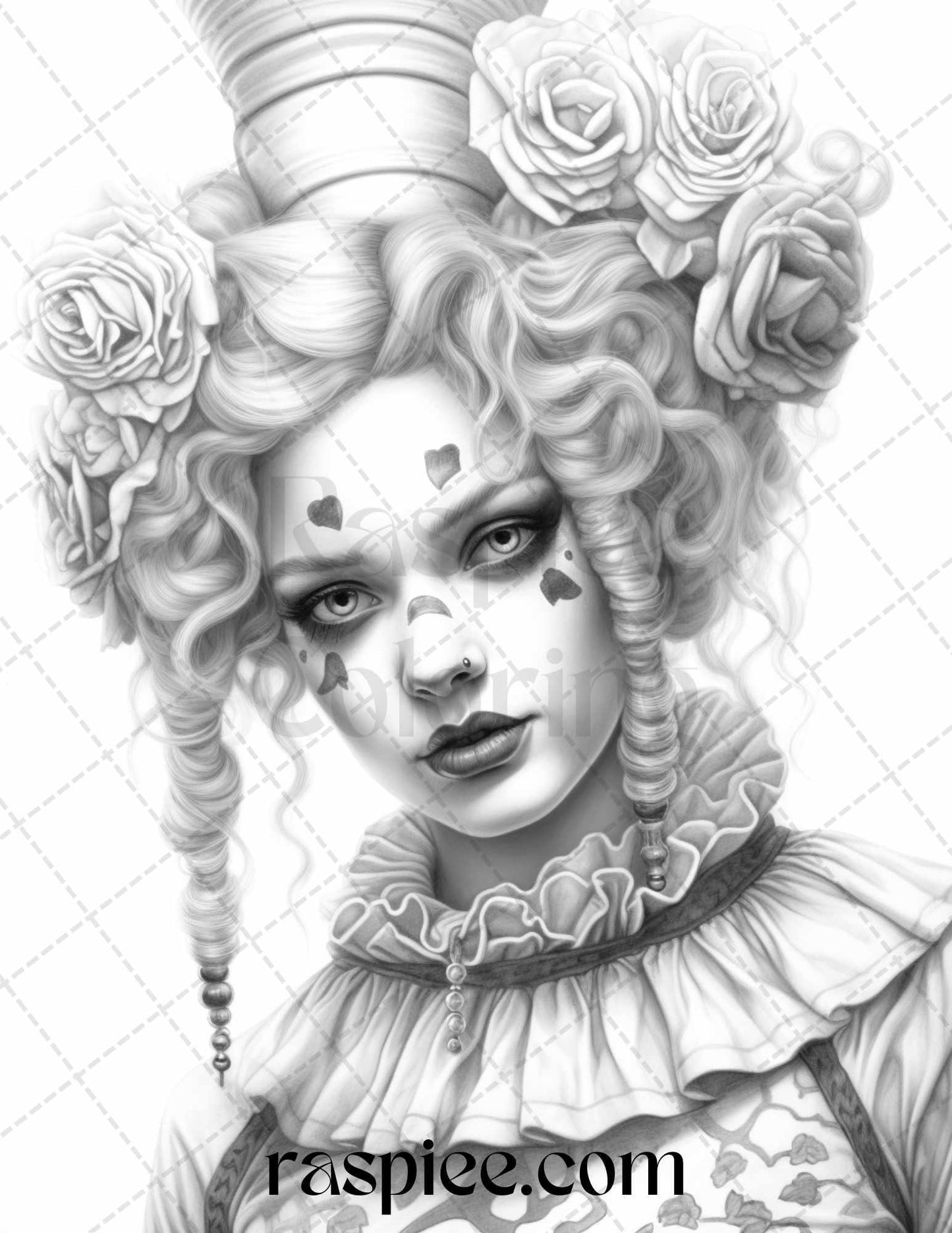 42 Beautiful Clown Girls Grayscale Coloring Pages Printable for Adults, PDF File Instant Download