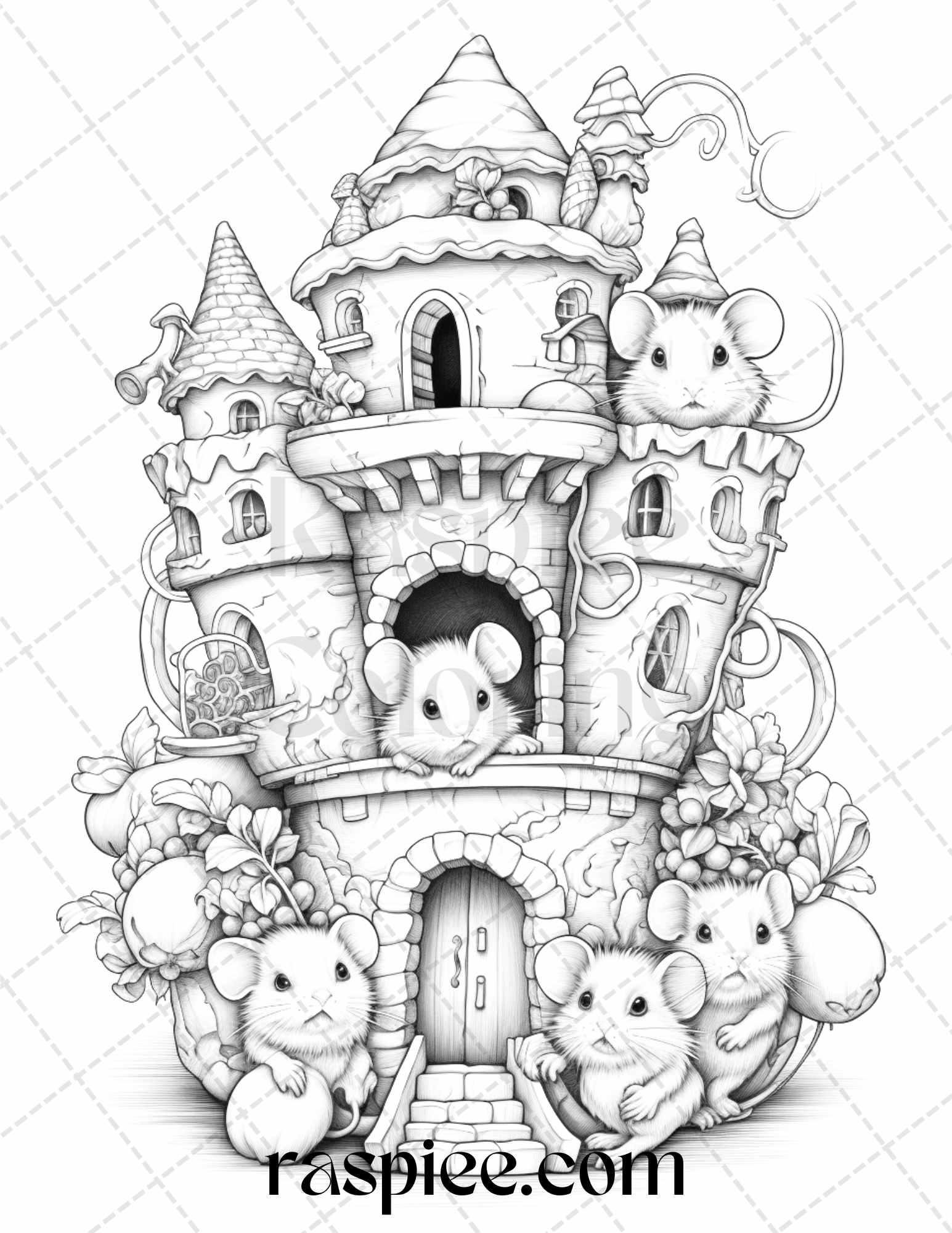 40 Magical Mouse Houses Grayscale Coloring Pages Printable for Adults, PDF File Instant Download