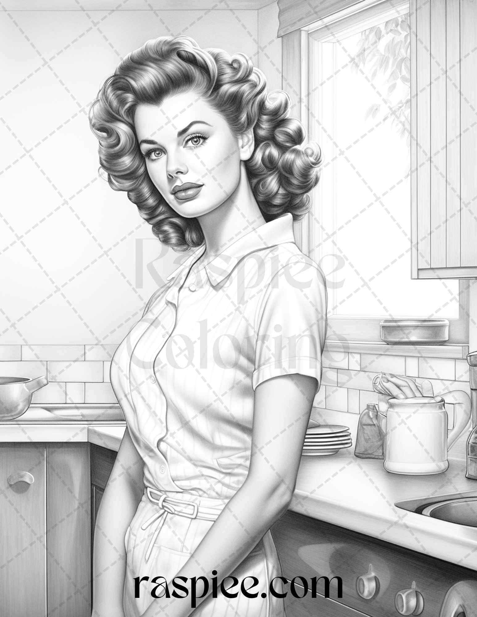 40 Retro Housewives Grayscale Coloring Pages for Adults, Printable PDF File Instant Download