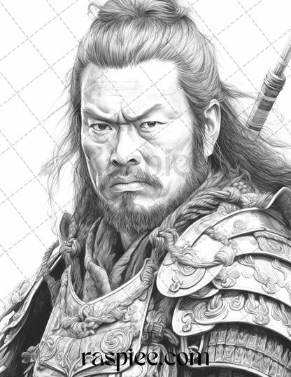 42 Japanese Samurai Grayscale Coloring Pages for Adults, Printable PDF File Instant Download