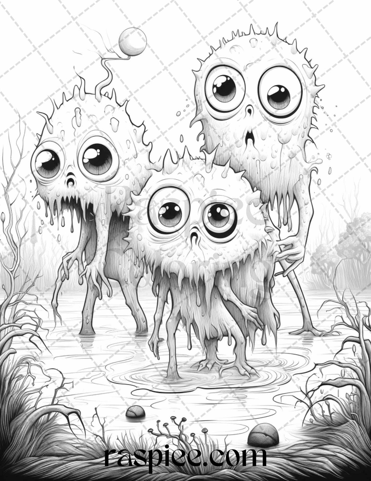 40 Halloween Creepy Kawaii Grayscale Coloring Pages for Adults and Kids, Printable PDF File Instant Download