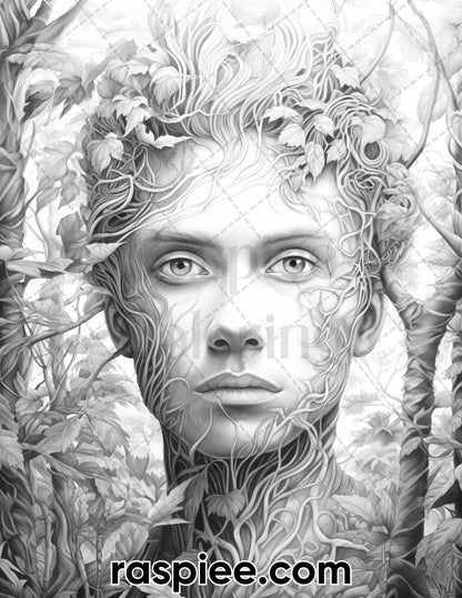 60 Nature Fusion Portrait Grayscale Adult Coloring Pages, Printable PDF Instant Download