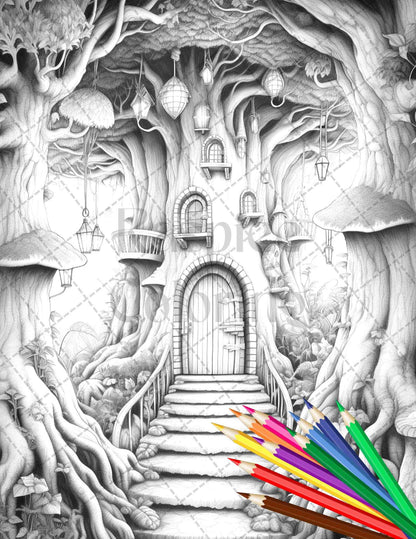 40 Magical Forest Gates Grayscale Coloring Pages Printable for Adults, PDF File Instant Download