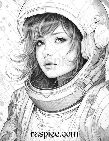 50 Astronaut Girl Portrait Grayscale Coloring Pages Printable for Adults, PDF File Instant Download