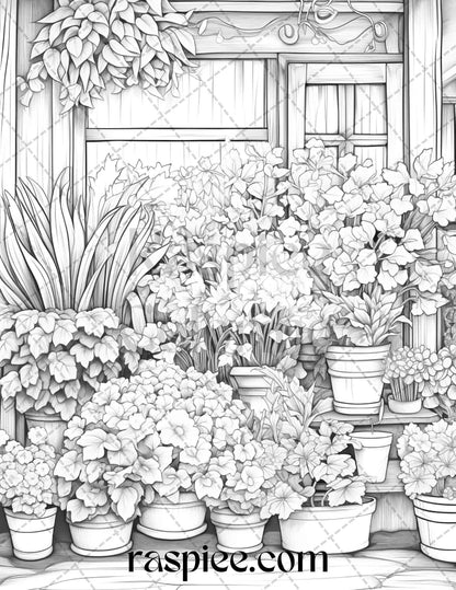 45 Flower Store Front Grayscale Coloring Pages Printable for Adults, PDF File Instant Download