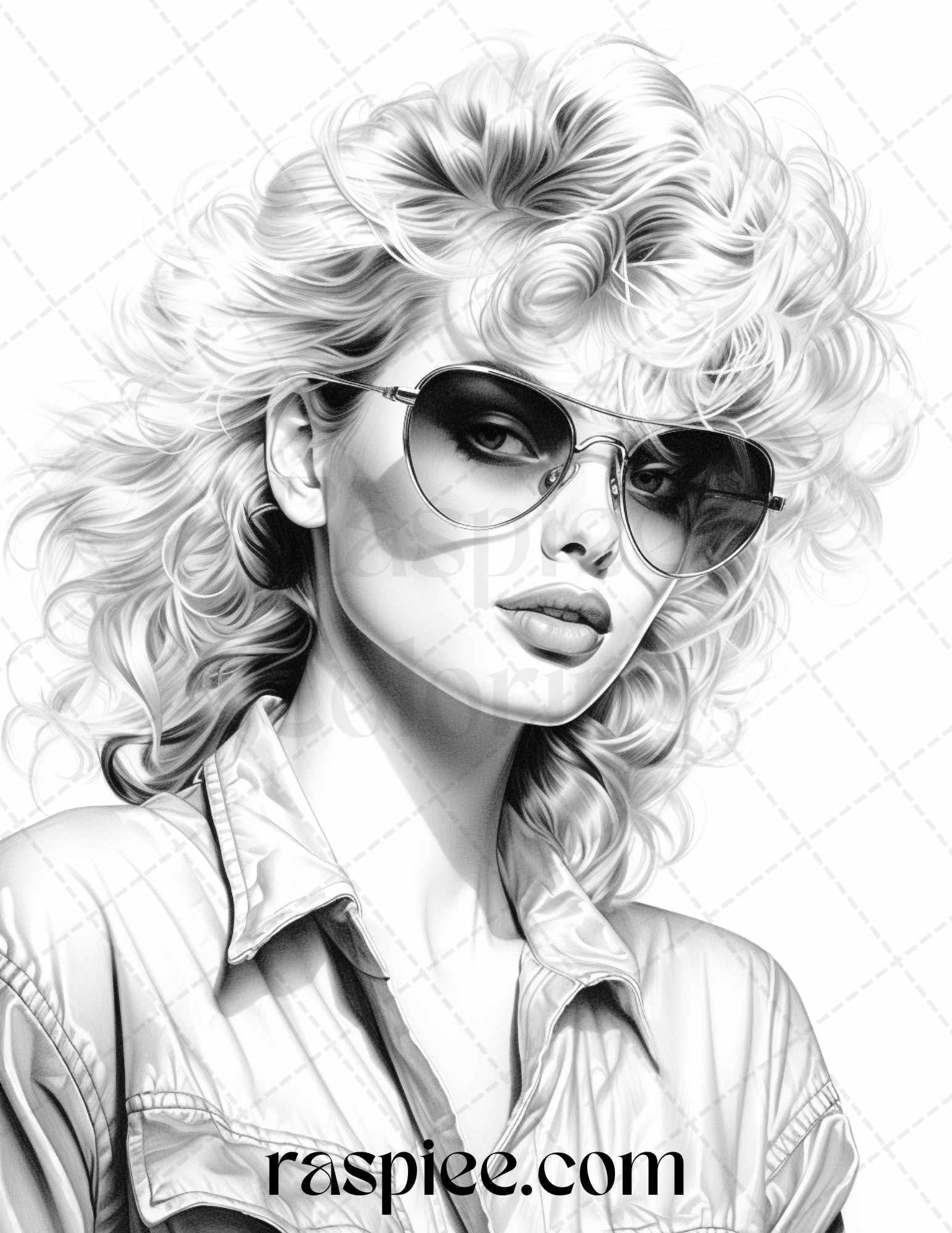 1980s Retro Beautiful Women Grayscale Coloring Pages for Adults, PDF File Instant Download