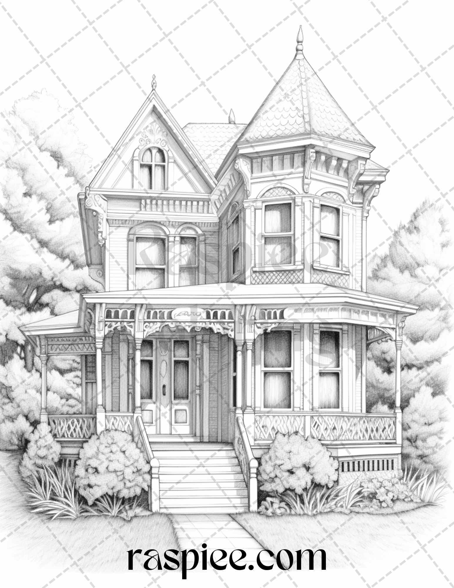 40 Victorian Houses Grayscale Coloring Pages Printable for Adults, PDF File Instant Download