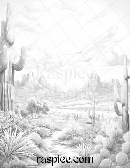 40 Desert Landscapes Grayscale Coloring Pages Printable for Adults, PDF File Instant Download