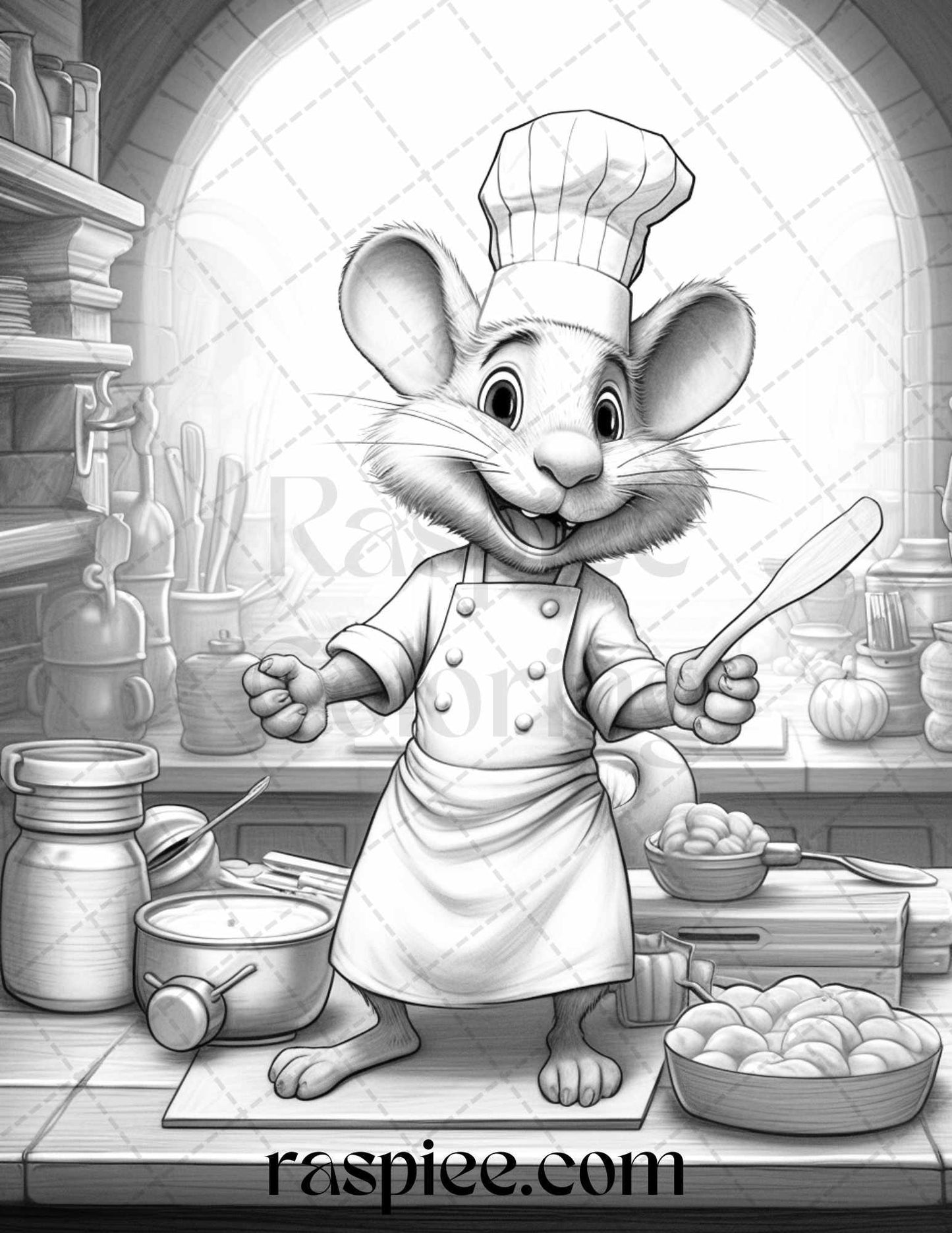 45 Mouse Chef Grayscale Coloring Pages Printable for Adults, PDF File Instant Download