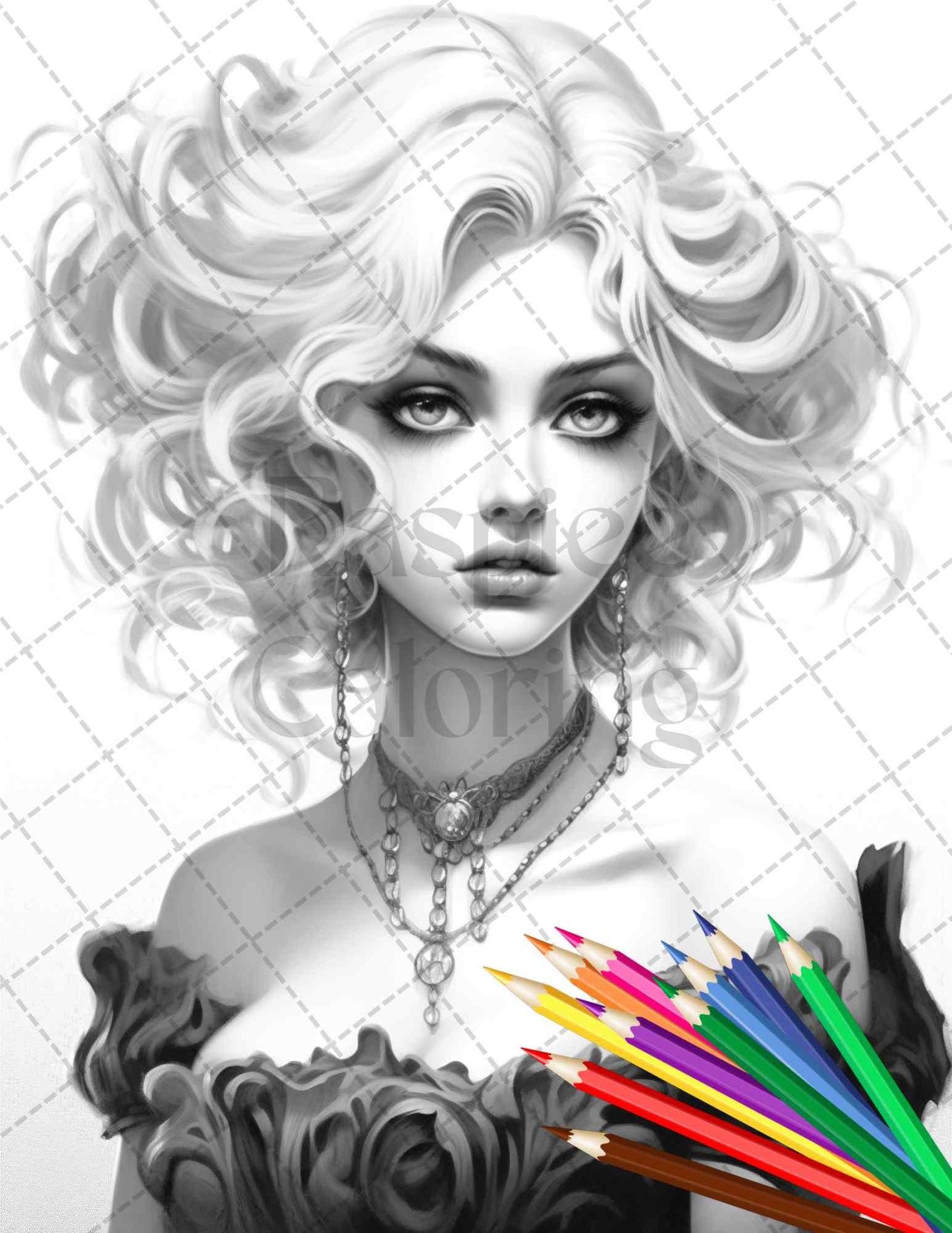 40 Beautiful Gothic Girls Grayscale Coloring Pages Printable for Adults, PDF File Instant Download