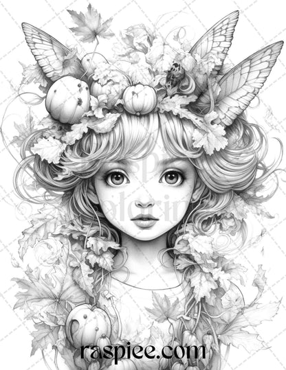 40 Pumpkin Fairy Girls Grayscale Coloring Pages Printable for Adults, PDF File Instant Download