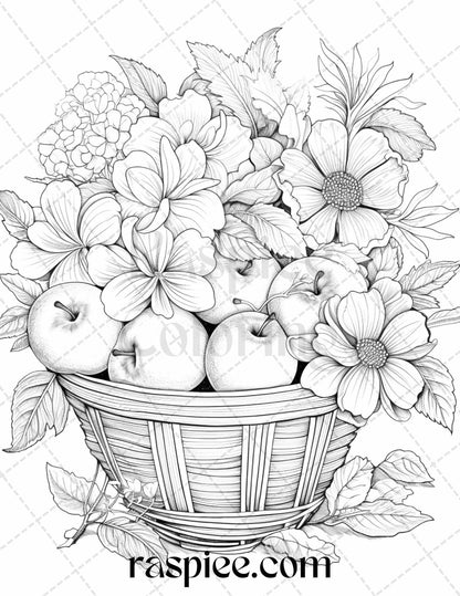 40 Fruit Basket Grayscale Coloring Pages Printable for Adults, PDF File Instant Download