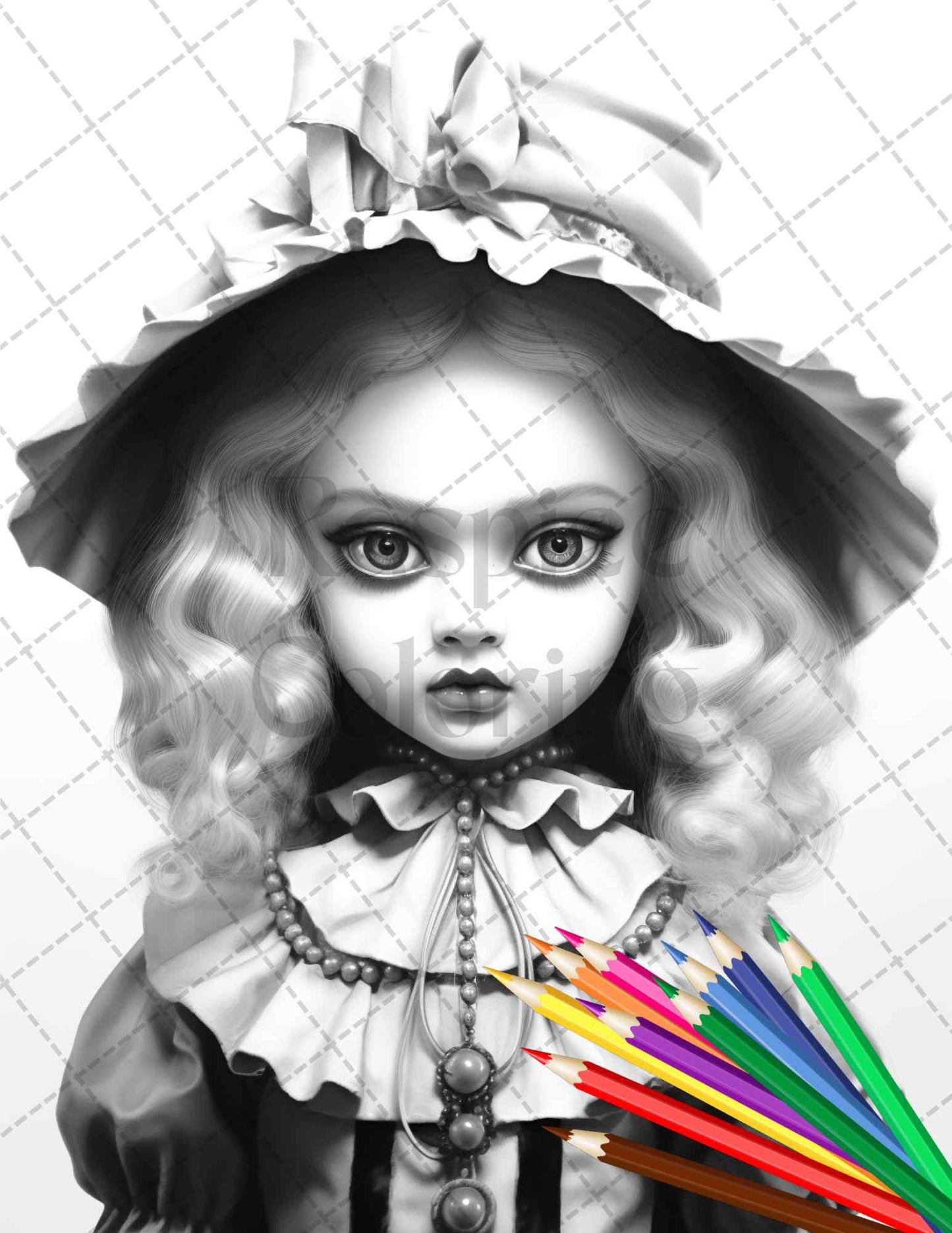 40 Creepy Porcelain Dolls Grayscale Coloring Pages for Adults, PDF File Instant Download