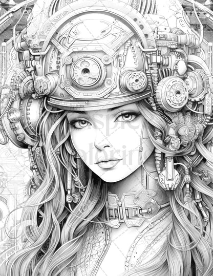 40 Beautiful Cyborg Girls Grayscale Coloring Pages Printable for Adults, PDF File Instant Download