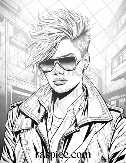 1980s New Wave Pop Star Grayscale Coloring Pages Printable for Adults, PDF File Instant Download