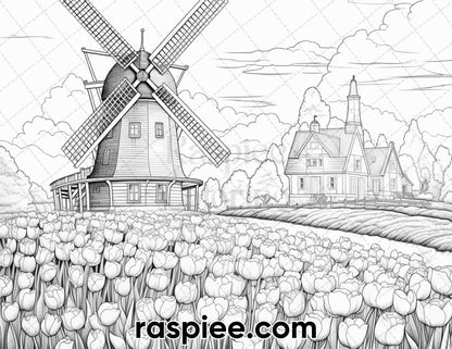 40 Spring Farm Life Grayscale Adult Coloring Pages, Printable PDF Instant Download