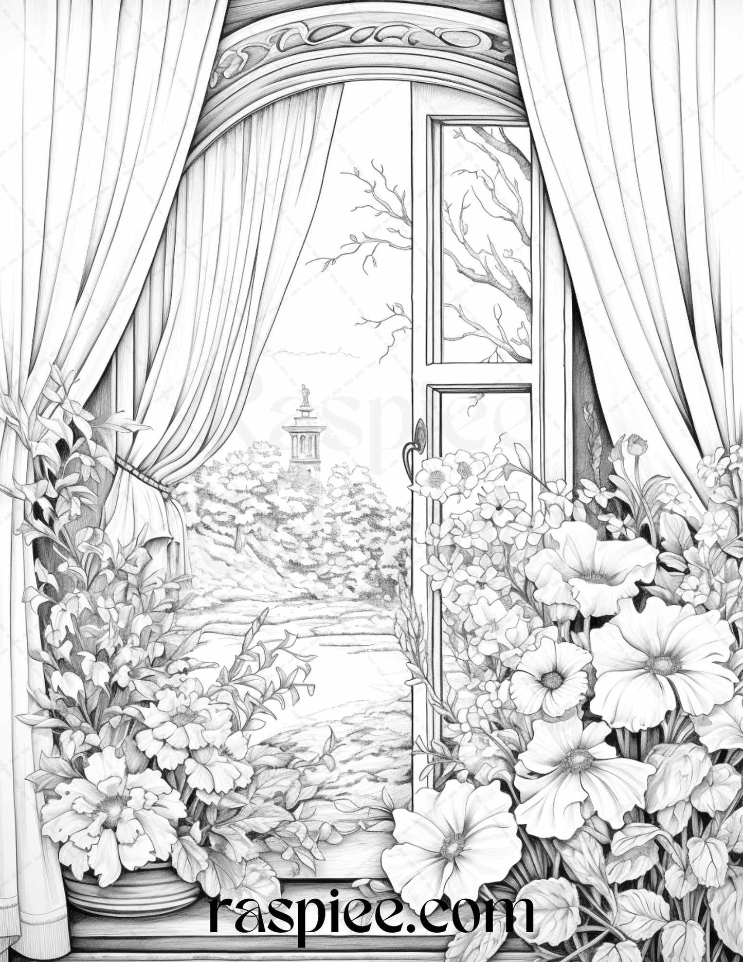 50 Blooming Windows Grayscale Coloring Pages Printable for Adults, PDF File Instant Download