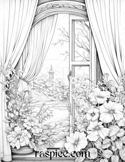 50 Blooming Windows Grayscale Coloring Pages Printable for Adults, PDF File Instant Download