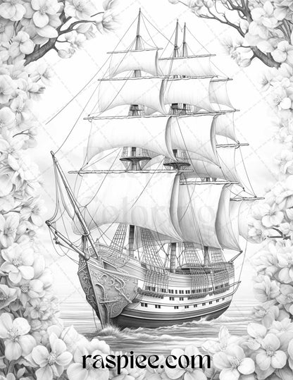 44 Flower Ships Graysale Coloring Pages Printable for Adults, PDF File Instant Download