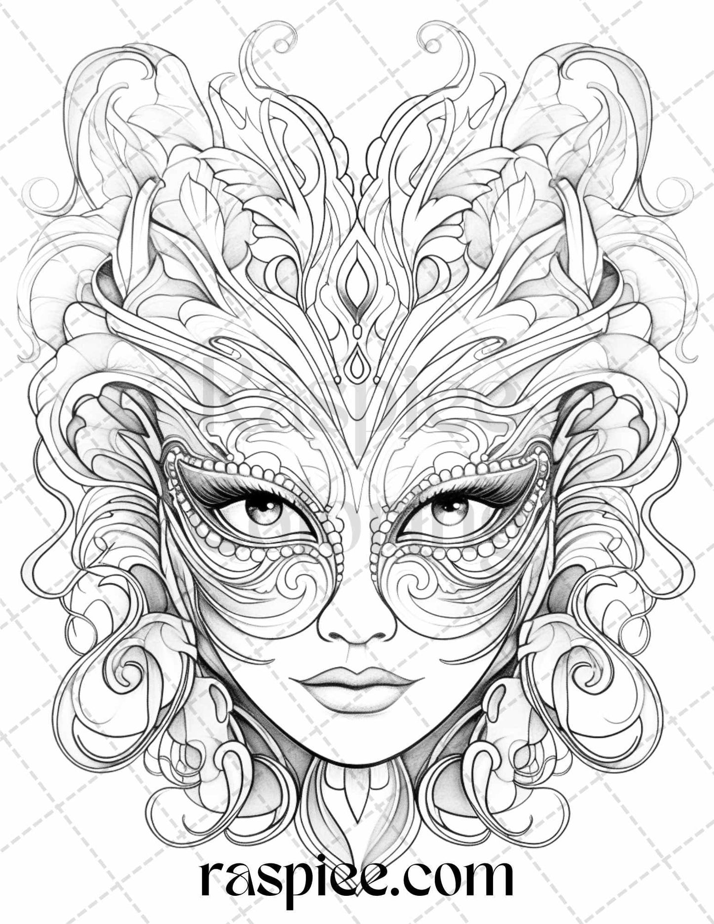 40 Masquerade Masks Grayscale Coloring Pages Printable for Adults, PDF File Instant Download