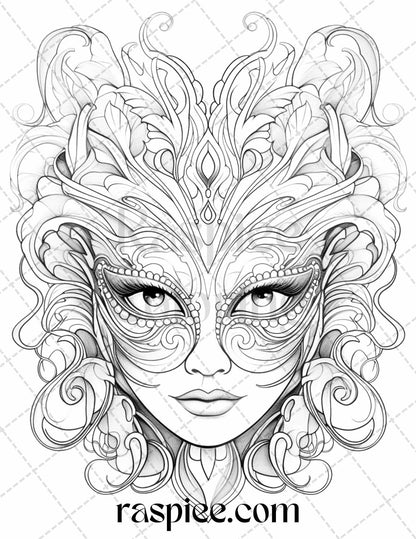 40 Masquerade Masks Grayscale Coloring Pages Printable for Adults, PDF File Instant Download