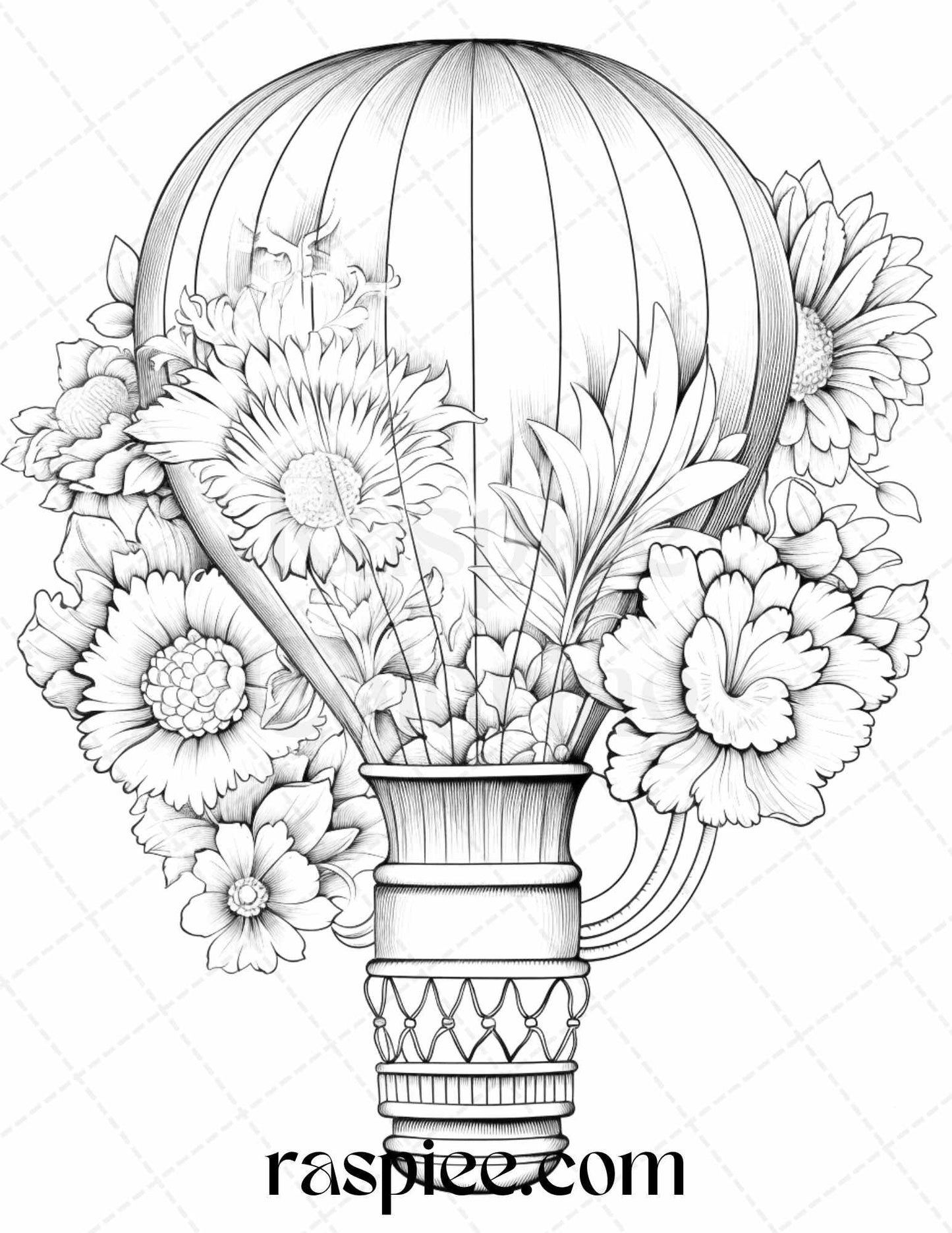 42 Flower Hot Air Balloons Grayscale Coloring Pages Printable for Adults, PDF File Instant Download