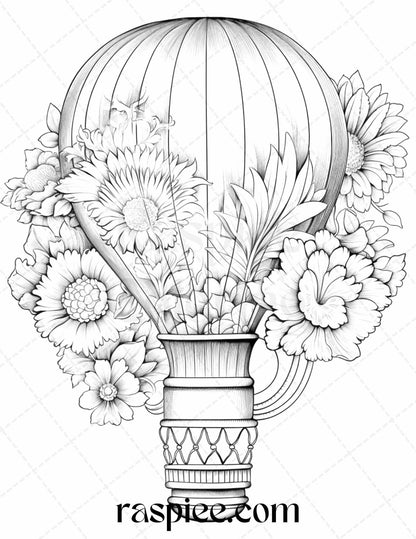 42 Flower Hot Air Balloons Grayscale Coloring Pages Printable for Adults, PDF File Instant Download