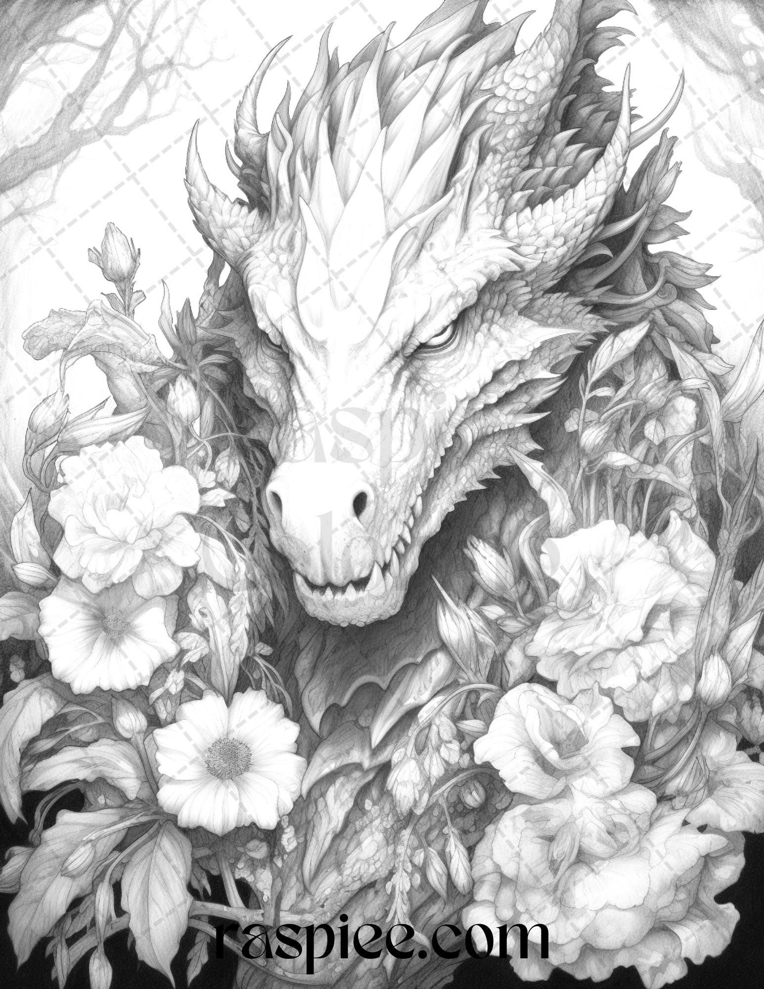 40 Flower Dragon Grayscale Coloring Pages Printable for Adults, PDF File Instant Download