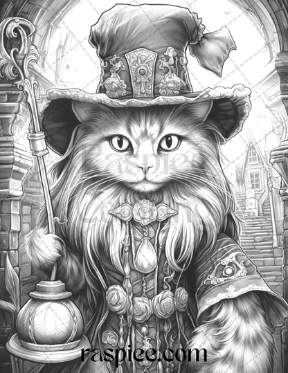 40 Halloween Witch Cat Grayscale Coloring Pages Printable for Adults, PDF File Instant Download