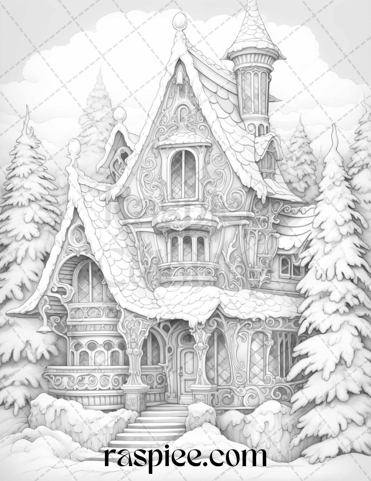 42 Fantasy Christmas Houses Grayscale Coloring Pages Printable for Adults, PDF File Instant Download