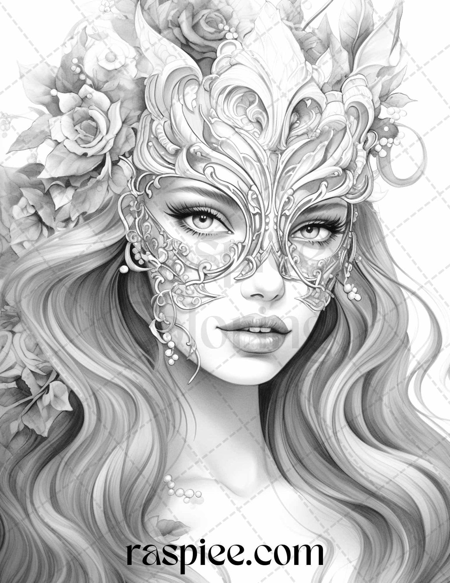 40 Masquerade Girls Grayscale Coloring Pages Printable for Adults, PDF File Instant Download