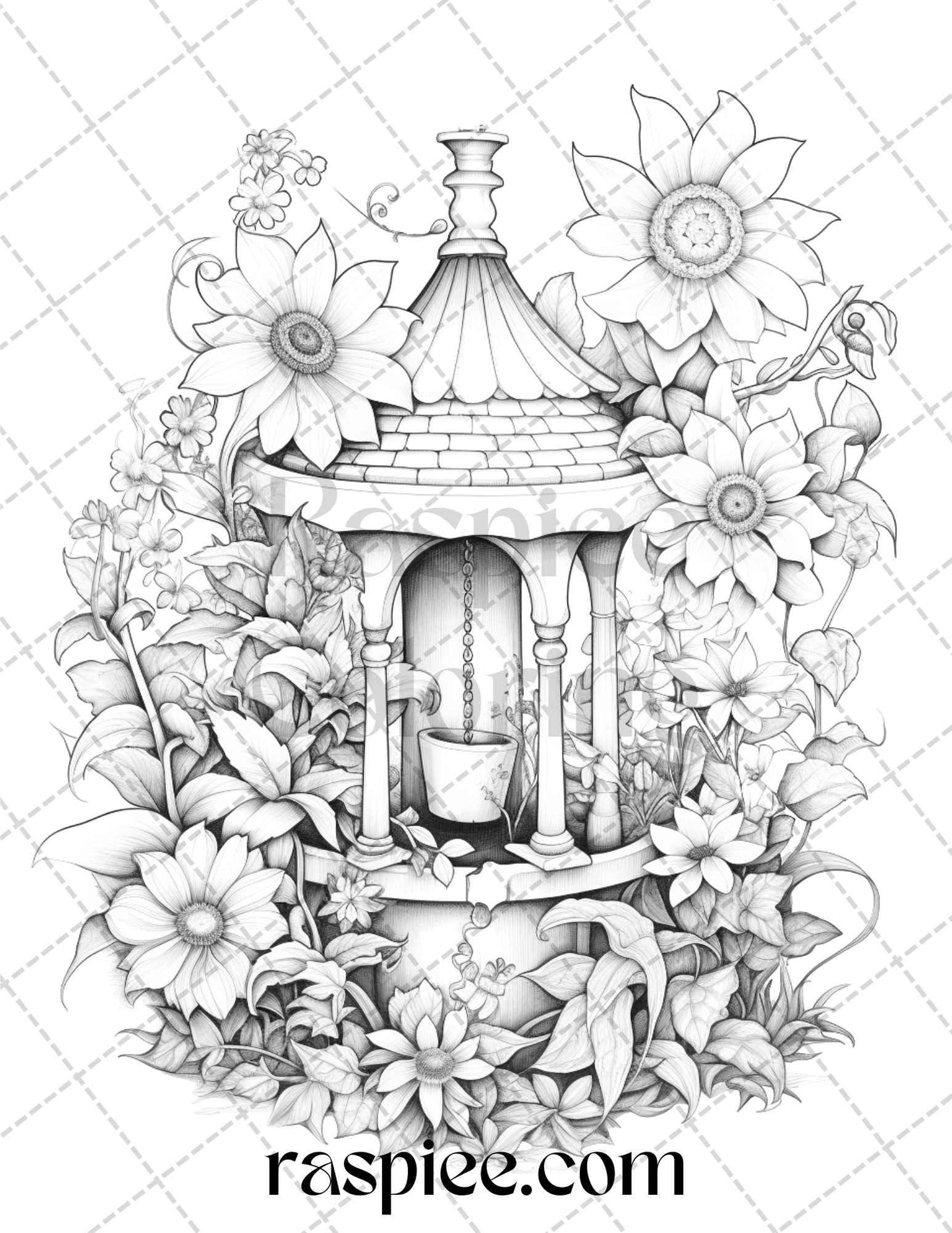 40 Whimsical Wishing Wells Grayscale Coloring Pages Printable for Adults, PDF File Instant Download