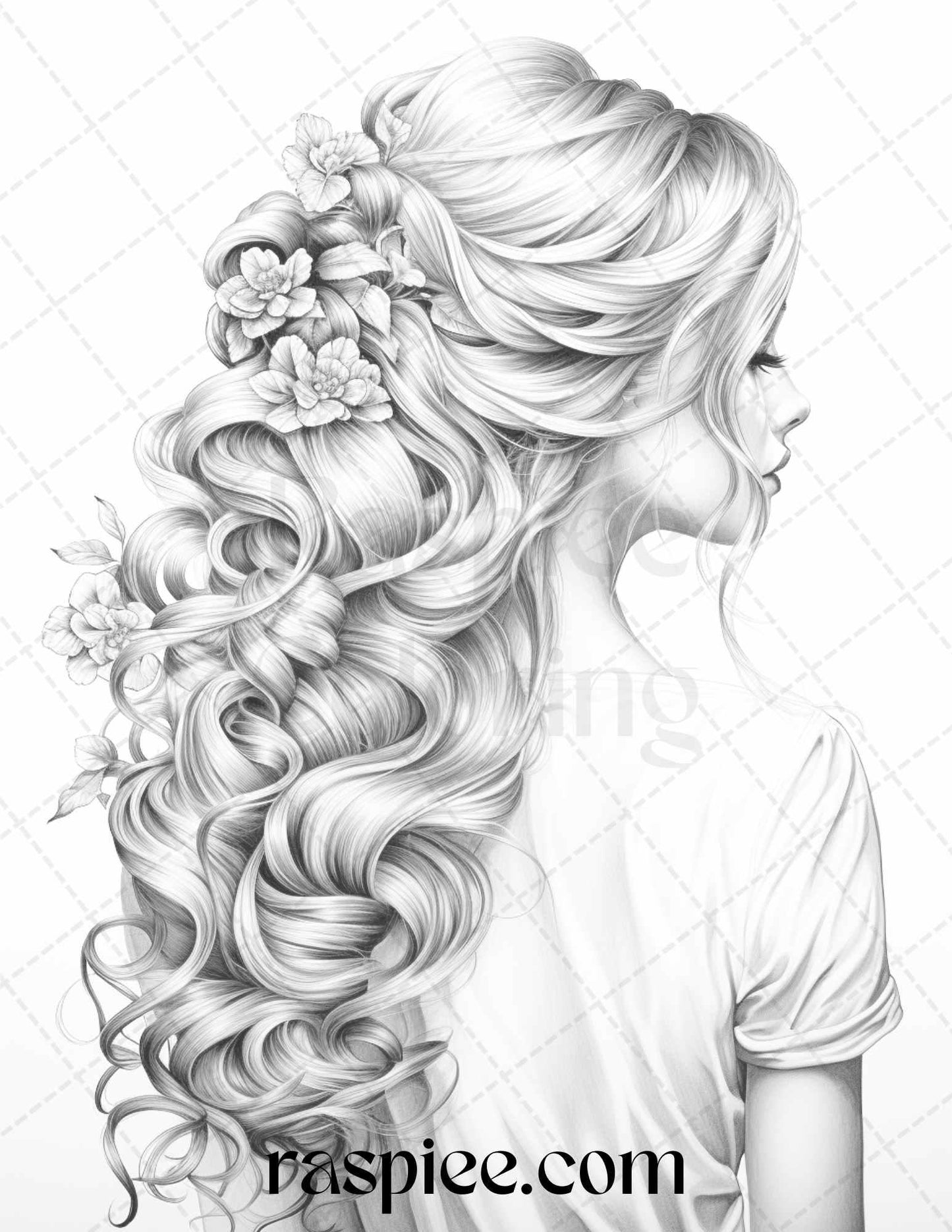 43 Beautiful Hairstyles Grayscale Coloring Pages Printable for Adults, PDF File Instant Download