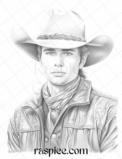 45 Wild West Cowboys Grayscale Coloring Pages Printable for Adults, PDF File Instant Download