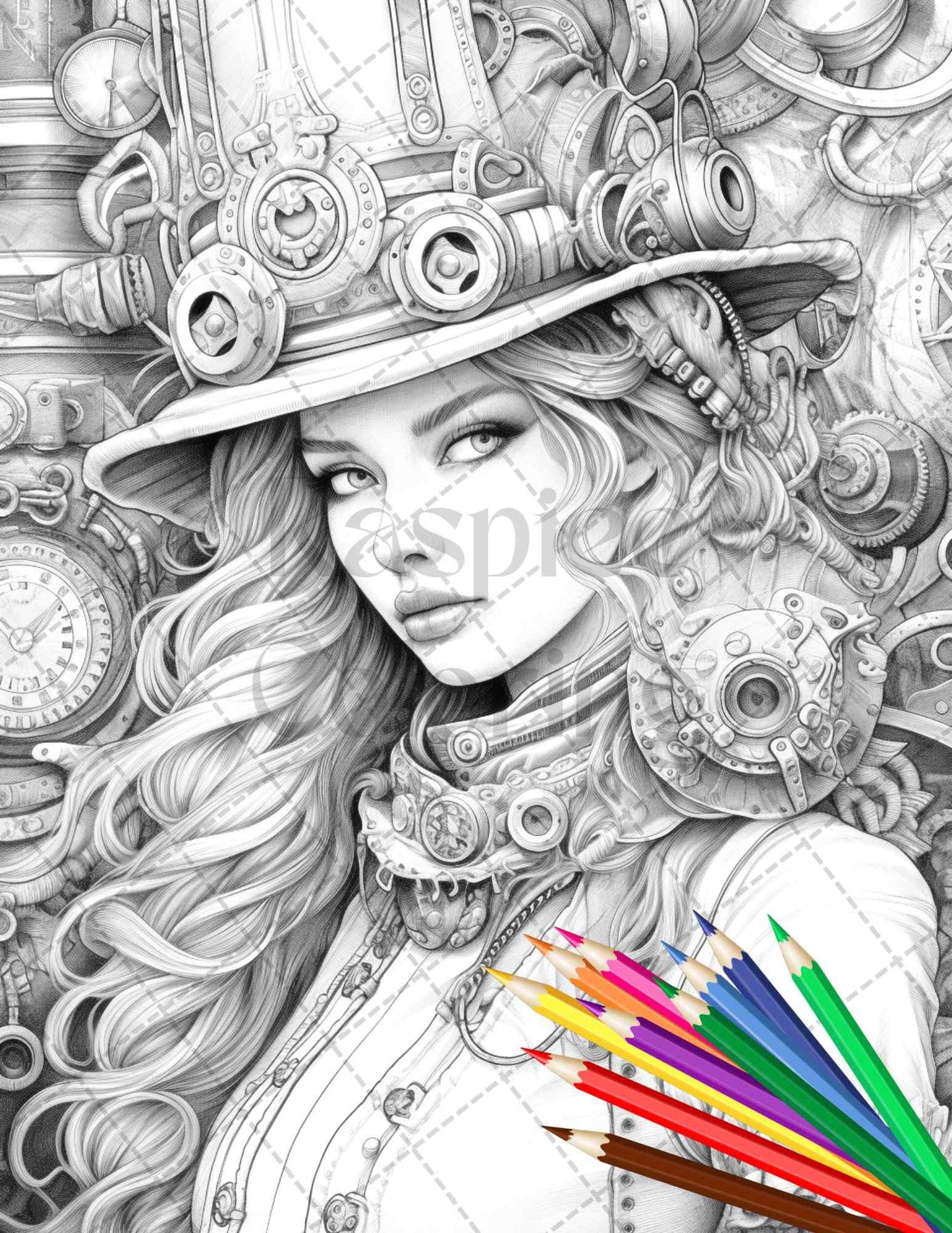 40 Steampunk Ladies Grayscale Coloring Pages Printable for Adults, PDF File Instant Download